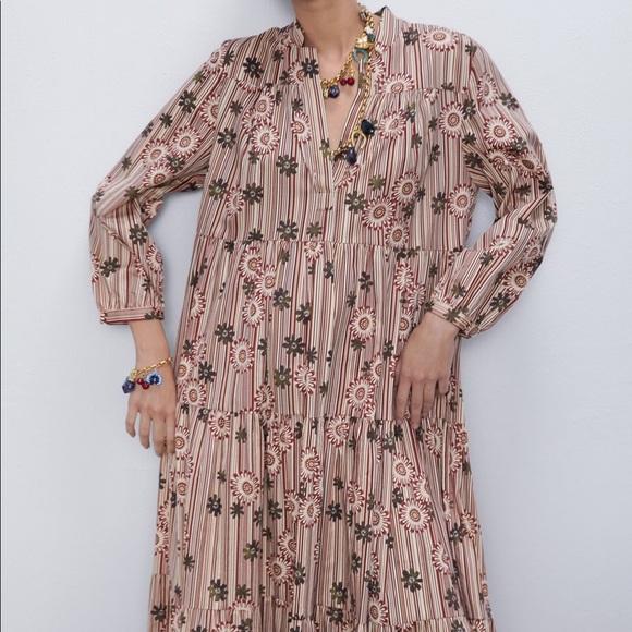 Red Camel Printed Floral Stripe Poplin Midi Dress - Picture 8 of 13